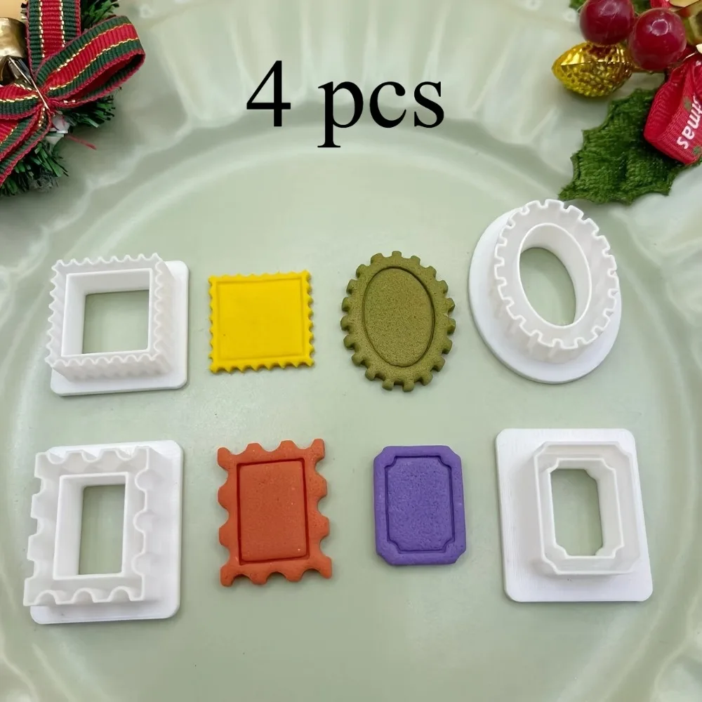 4pcs Holiday Photo Frame Cookie Cutters Stamp Biscuit Molds with Hollow Details for Christmas Halloween DIY Handmade Baking