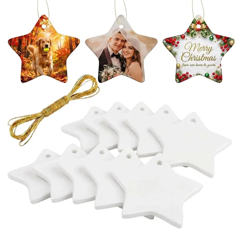 AAAF For DIY Craft,Decoration 10 Pcs 3 Inch Sublimation Blank Five Pointed Star Ornaments With Gold String