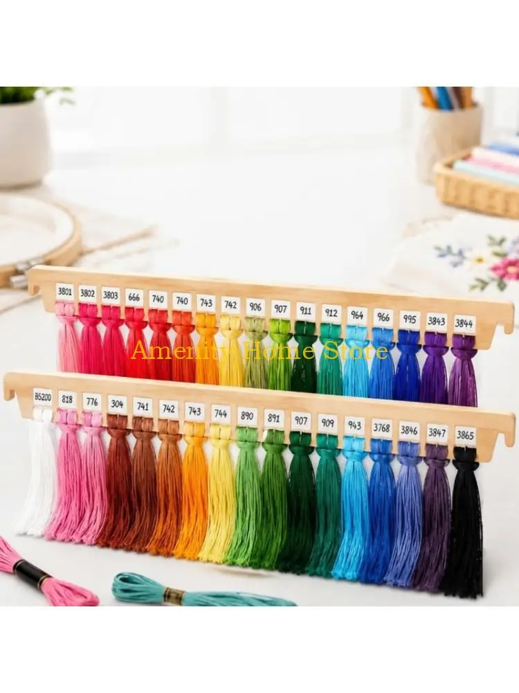 F26C Embroidery Flosses Sorting Rack with Wood Construction and Separated Open Storage for Sewing Thread and DIY Craft Work