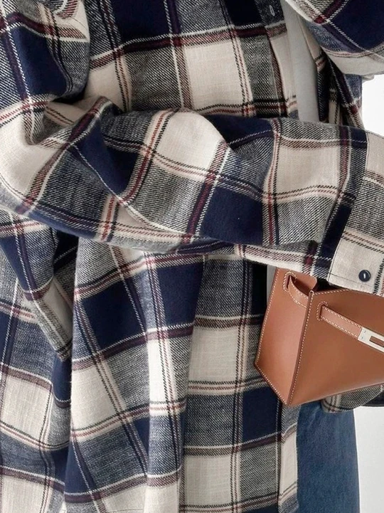 Loose Plaid irt Jaet for Women Big Pattern Flannel Long Sve Turn-down Collar Casual Street Sle Polyester Outerwear