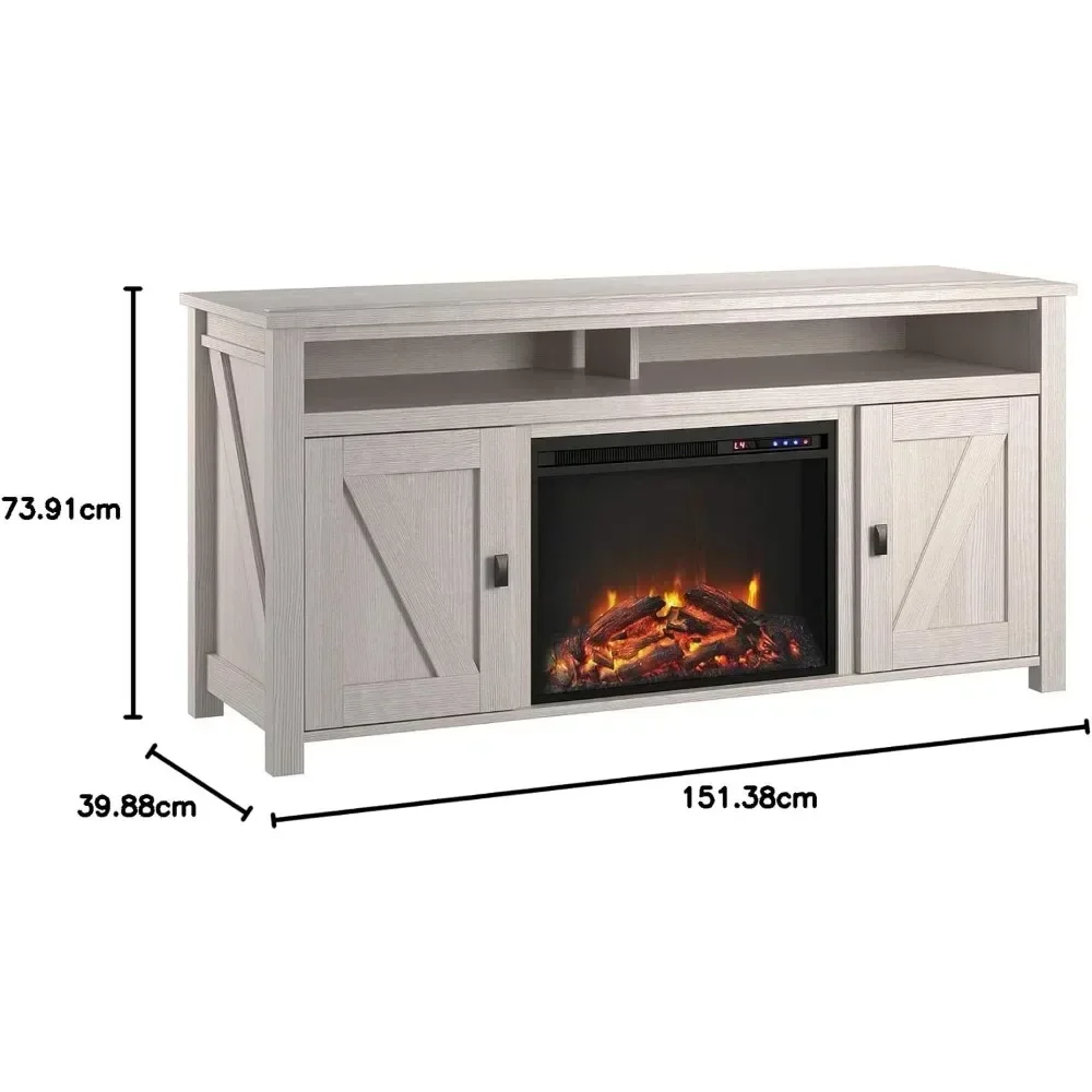 Electric Fireplace TV Console for TVs up to 60", Ivory Pine, Open top Shelf and 2 Side Cabinets with Long-lasting LED Technology