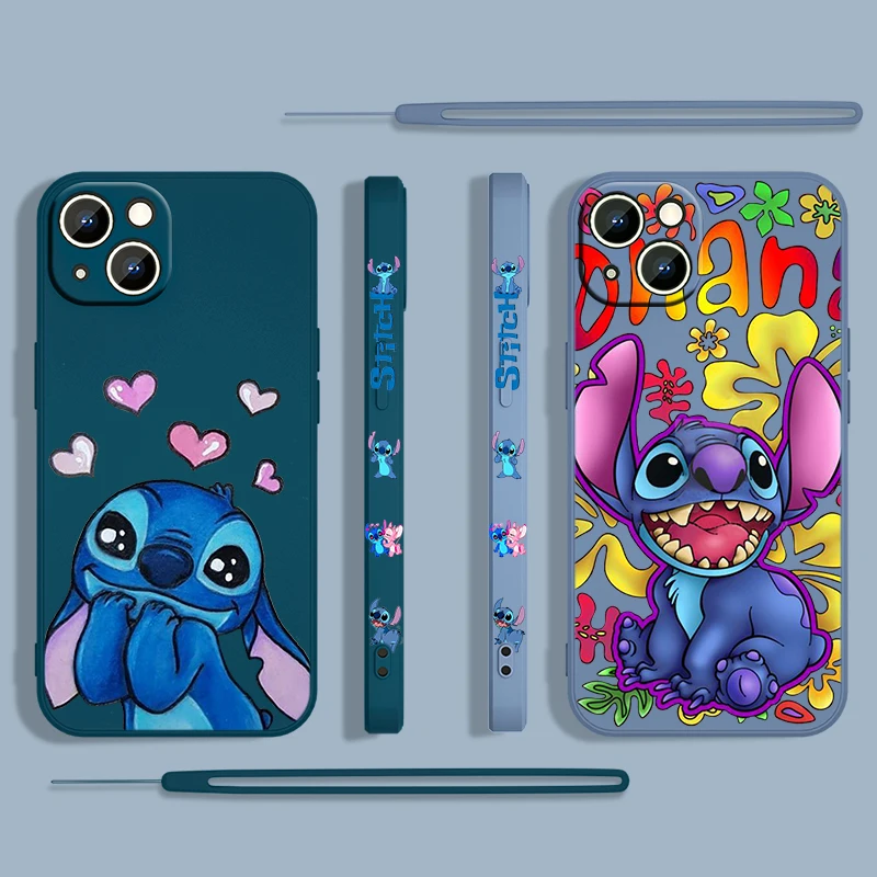 Baby Stitch Cartoon For Apple iPhone 15 14 13 12 Mini 11 Pro XS MAX XR X 8 7 6S Plus Liquid Left Rope Phone Case Funda Capa