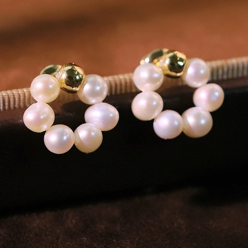 جولة لؤلؤ المياه العذبة الطبيعية النحاس الخرزة الأقراط اليدوية تصميم أقراط الزفاف المرأة مجوهرات GE1785 #4