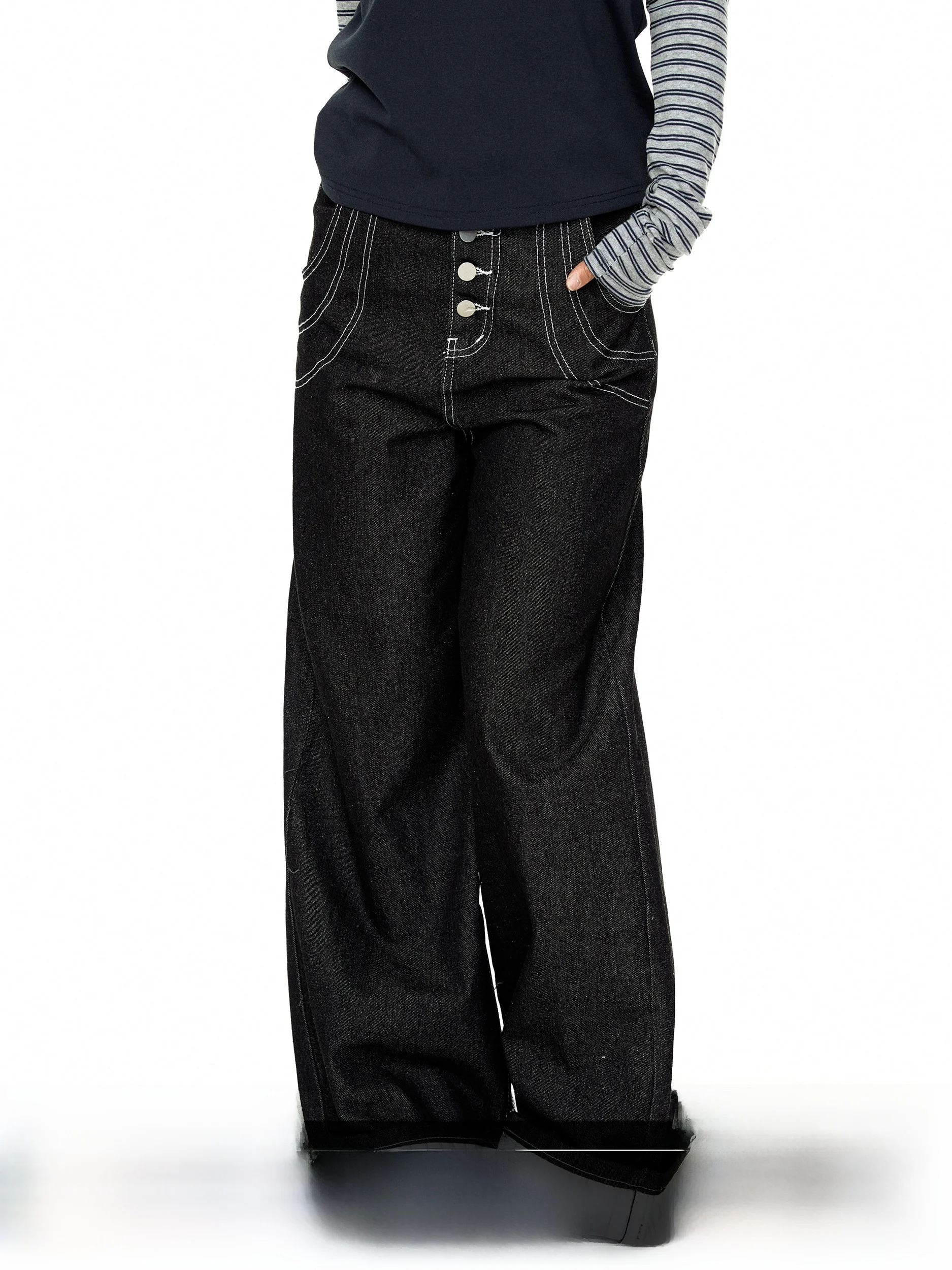 Blackbb American Retro Single Button Design Loose Straight Leg Jeans Women's High Waist Wide Leg Casual Straight Long Pants