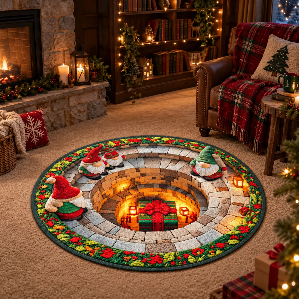 Glowing Stone Well Christmas Gnomes Area Rug, 3D Optical Illusion Floor Mat For Entryway, Living Room Holiday Home Decor