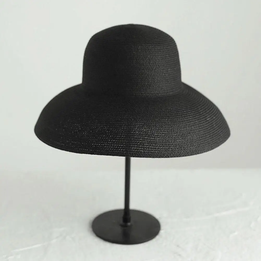 Summer Sun Hats Ladies Solid Plain Elegant Wide Brim Hat Female Round Top Panama Floppy Straw Hat Hepburn Beach Hat