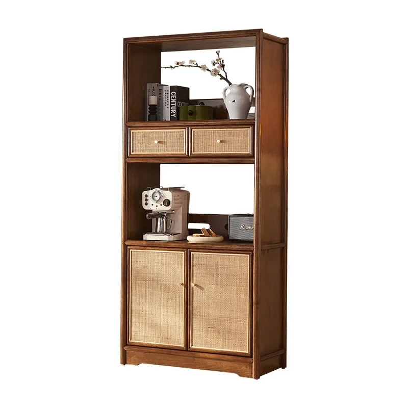 New Chinese solid wood rattan dining side cabinet small apartment double cabinet door with drawer