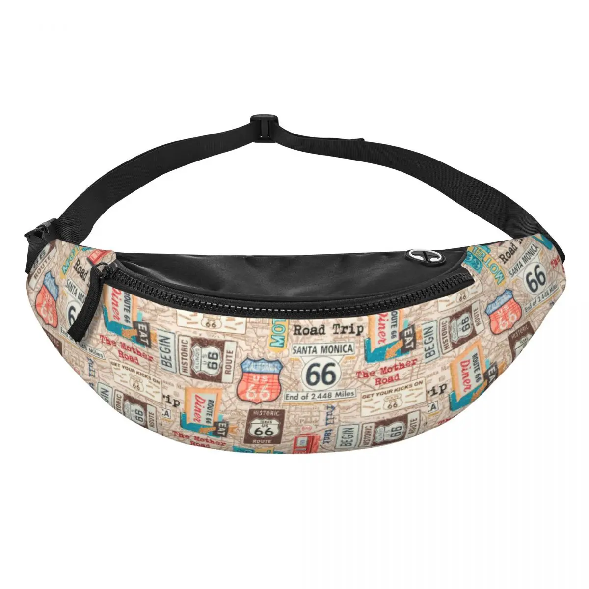 Cool Vintage Route 66 Fanny Pack Men Women USA Highways Map Crossbody Waist Bag for Travel Cycling Phone Money Pouch