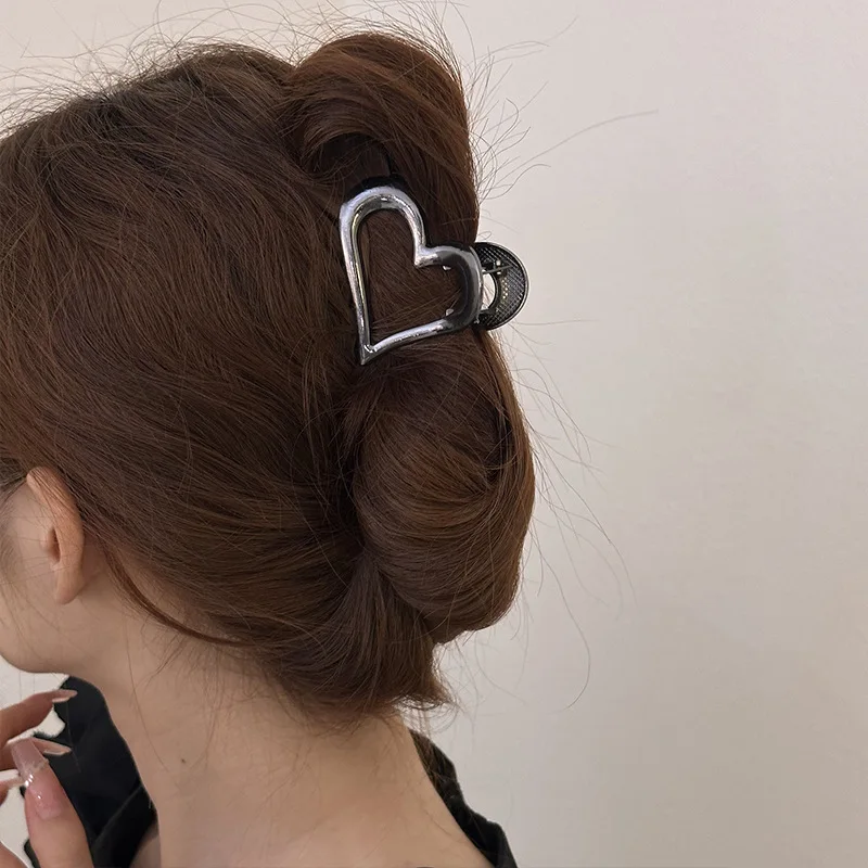 Pince à Cheveux en Métal localité et Argenté en Forme de Cœur Creux, Barrettes Géométriques Simples pour Queue de Cheval, Accessoires Cadeaux pour Femme et Fille