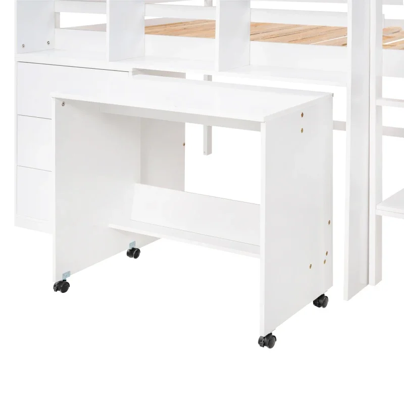 Full Size Low Loft Bed with Rolling Portable Desk, Drawers and Shelves,Storage Space Available, Suitable for Children\'s Room