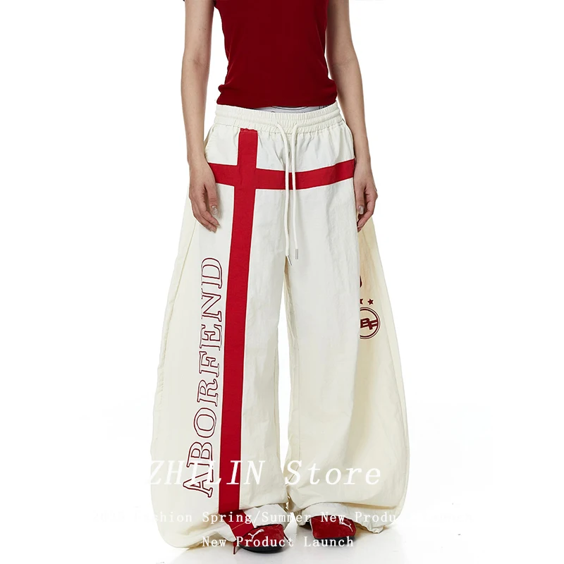  Lazy American Sports Striped Casual Pants Women Summer New Loose BF Street Couple Wide Leg Pants Trendy Straight Tube Pants