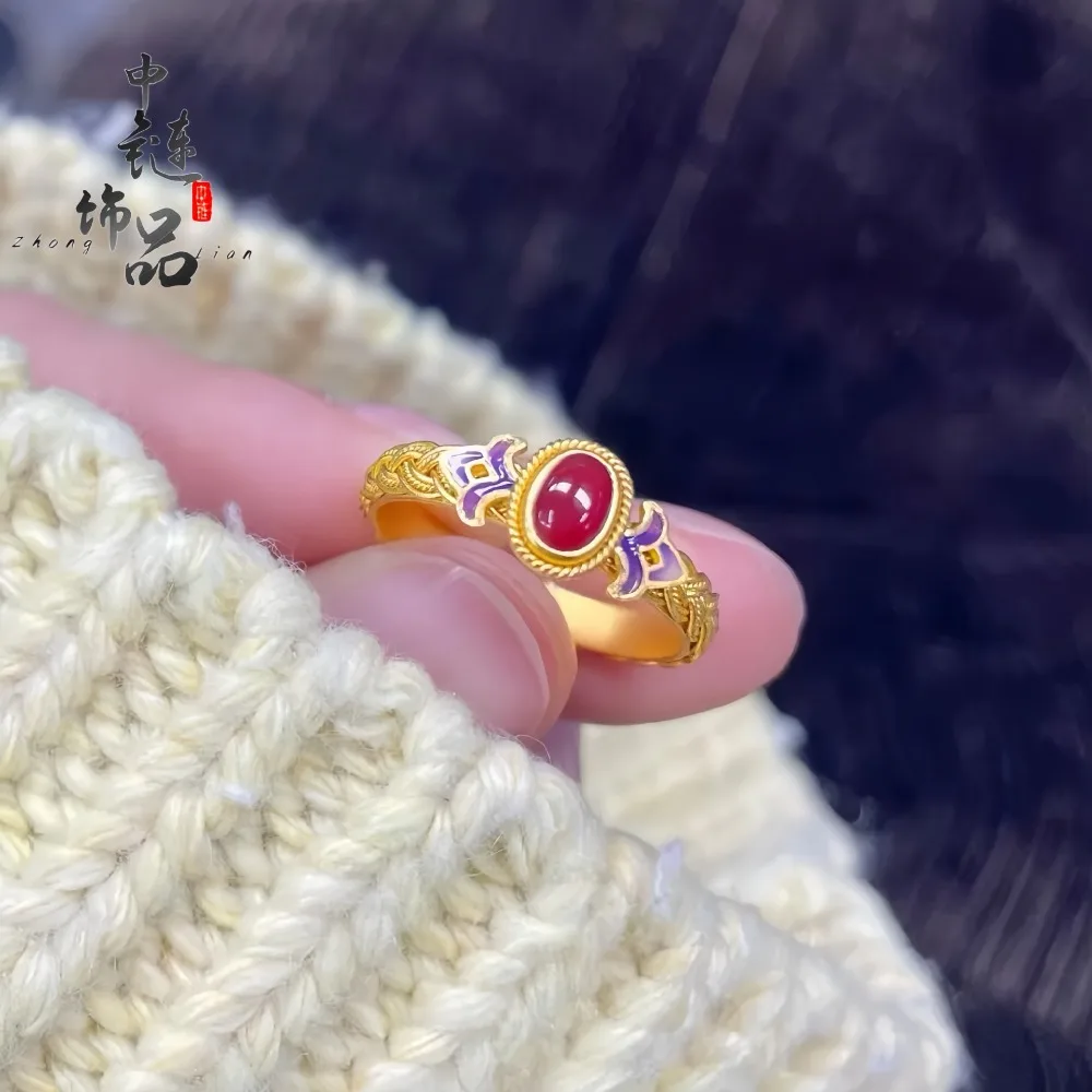 Gold-inlaid, diamond-studded filigree phoenix kite enamel ring with openwork design 9999gold