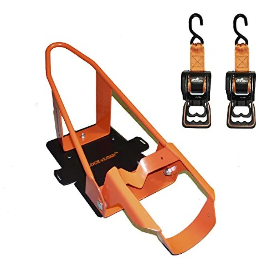 BK1000 Deluxe Motorcycle Wheel Chock with Quick-Release Ratchet and D-Ring System Orange/Black
