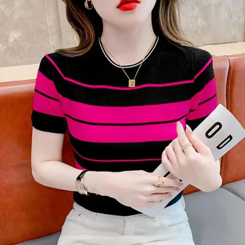 2025 Summer New Round Neck T-shirt Short Sleeve Comfortable Casual Women's Thin Striped Knit Sweater Thin Top