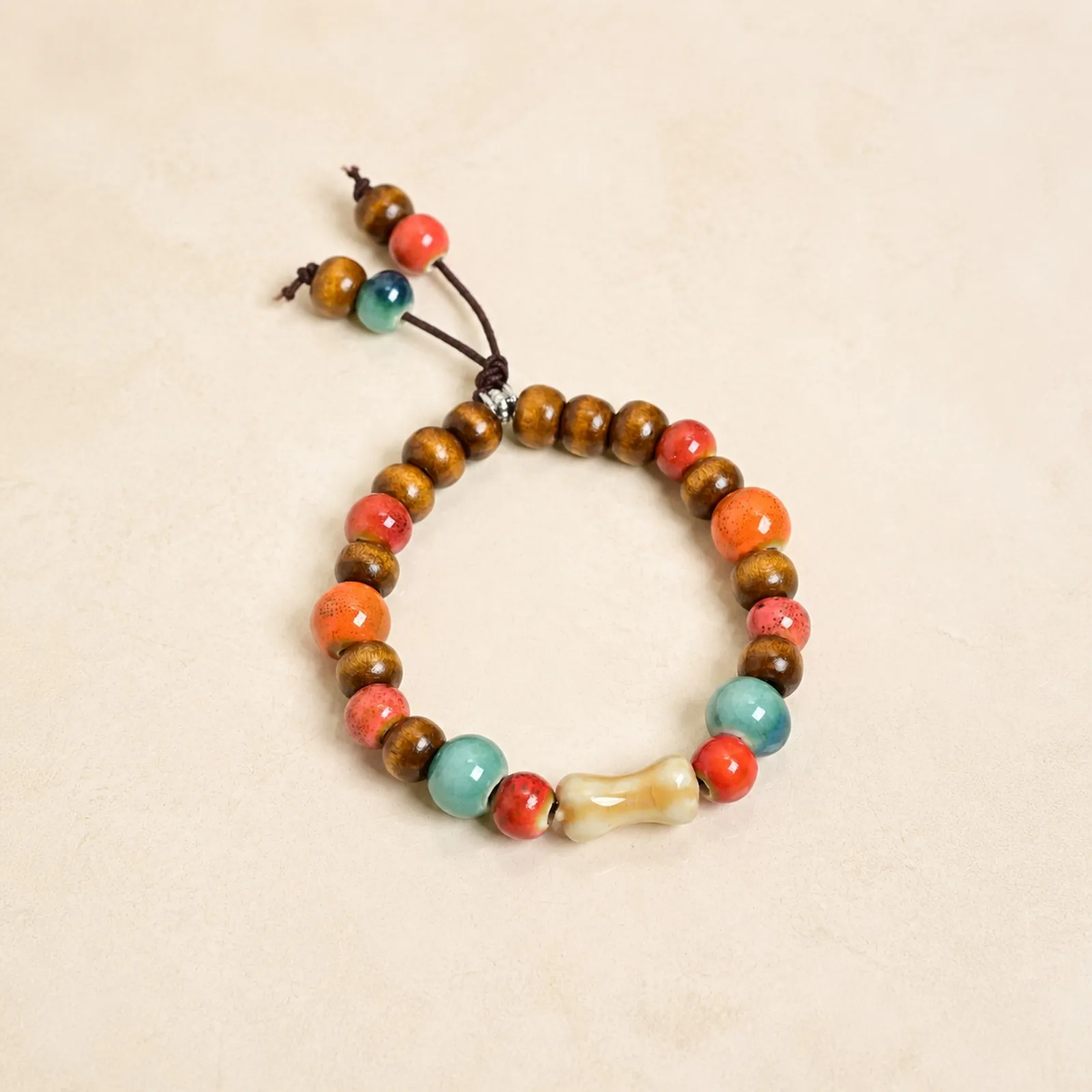 Handmade Ceramic Bead Bracelet with Wooden Elements Handwoven Elastic Cord Metal Fittings Artisan Jewelry Y260714-06