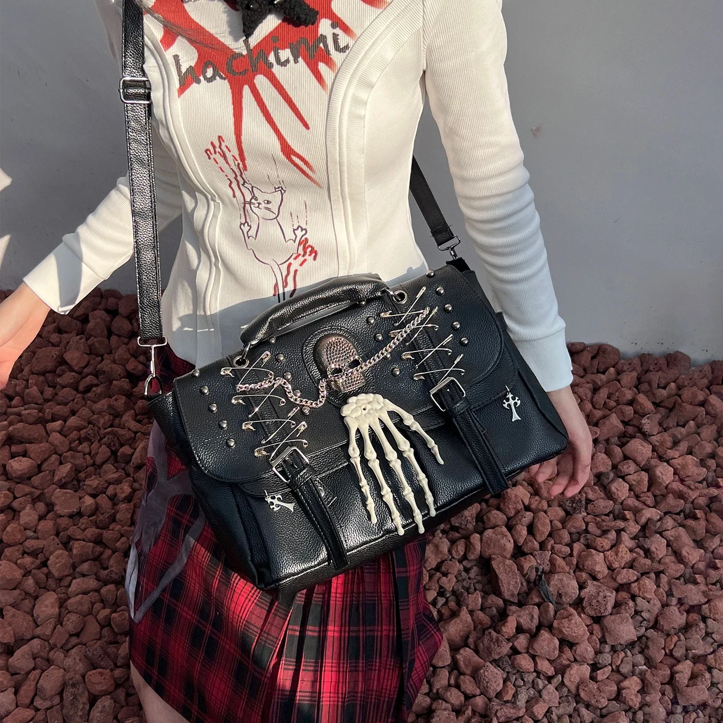 Unisex Y2K Punk Gothic Hand held Shoulder Cross body Bag  Skeleton Hand Skull Rivet Safety Pin Decor PU Leather Messenger Purse