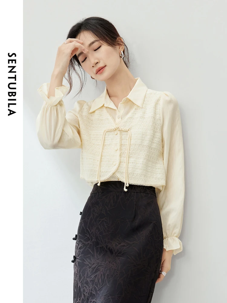 SENTUBILA Chinese Style Fake 2 Piece Blouse 2024 Spring Polo Collar Button Up Loose Shirts Long Sleeve Womens Tops 141C53212