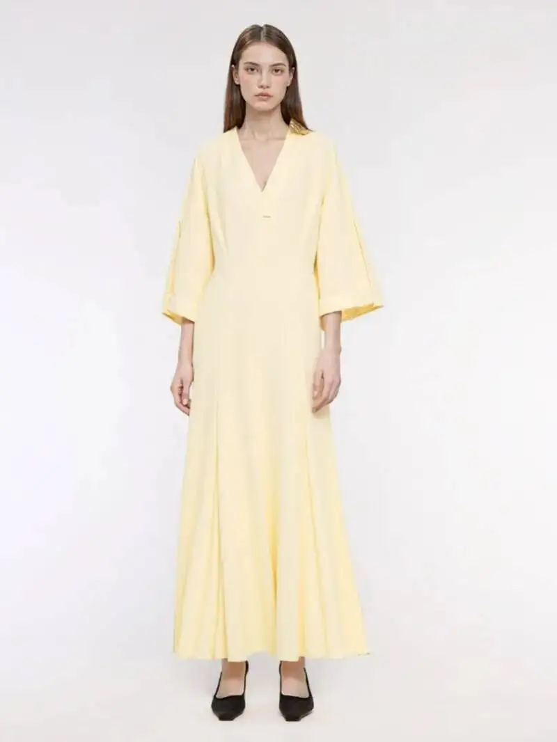 Women Summer Shirts Dress Fashion Casual V-Neck 3/4 Sleeve Solid Female Elegant Street MIDI Dresses Clothing