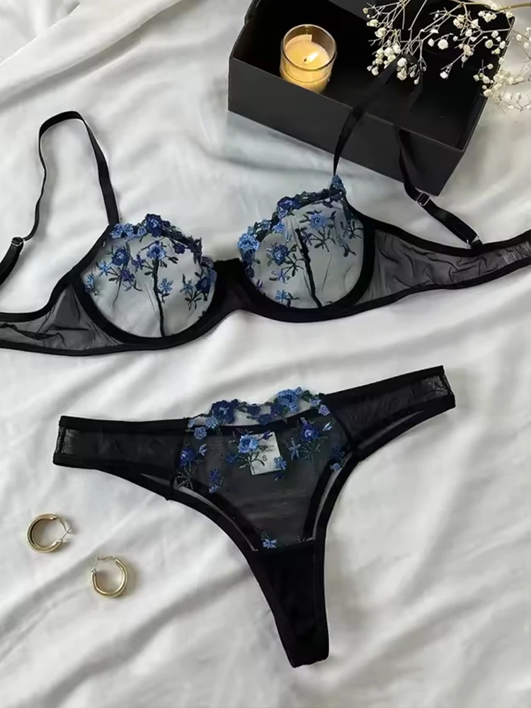 Erotic Embroidery Blue floral fragments Lace Babydoll Sensual Lingerie Bra Set For Women Underwear Intimate Sexi Panty Set 2024