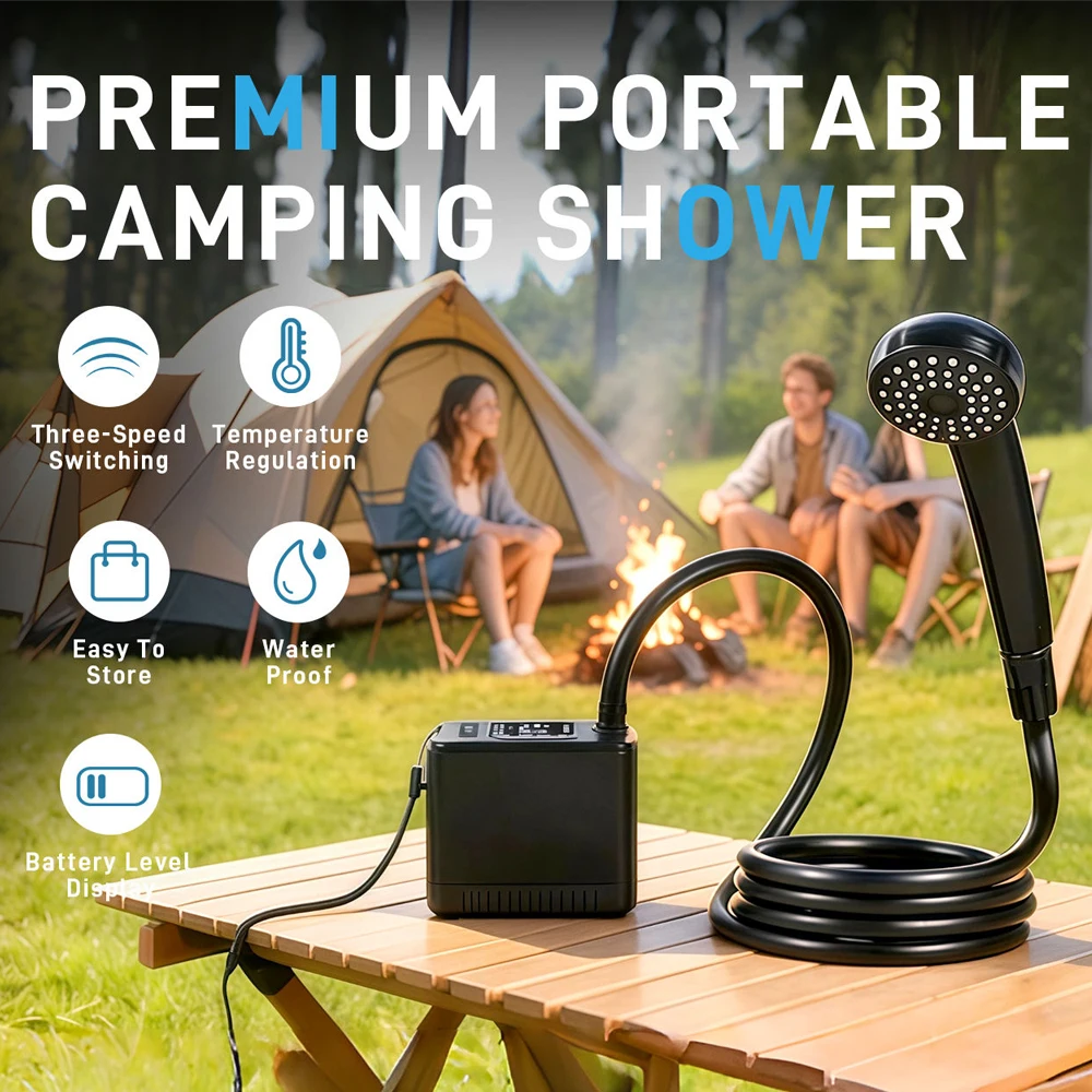 Ducha Eléctrica Portátil para Camping con Pantalla Digital, Bomba de Ducha Recargable USB de 8000mAh, Impermeable, para Hogar, Viajes y Aseo al Aire Libre