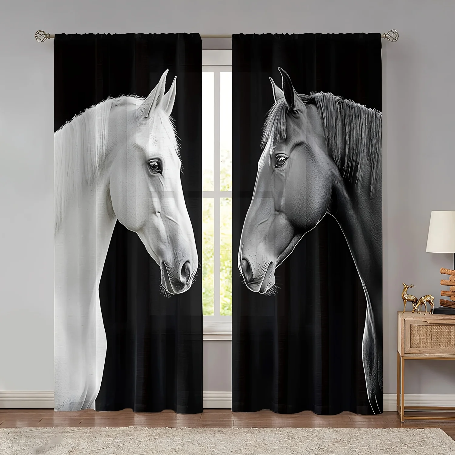 Black White Horse Curtain Realistic Animal Head Print Drape Modern Farmhouse Window Treatment for Living Room Bedroom Home Decor