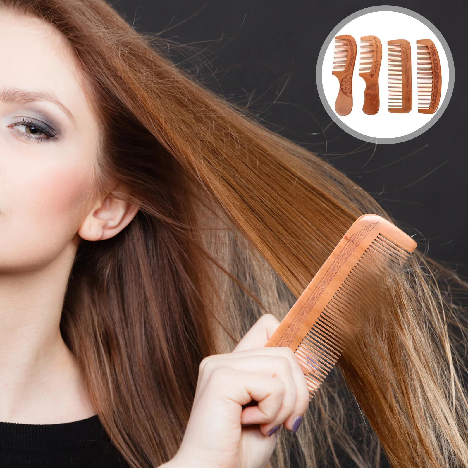 

4Pcs Ergonomically Shaped Wood Comb Comfortable Grip No Tension Stimulate Scalp Hair Care Fine Teeth Detangling