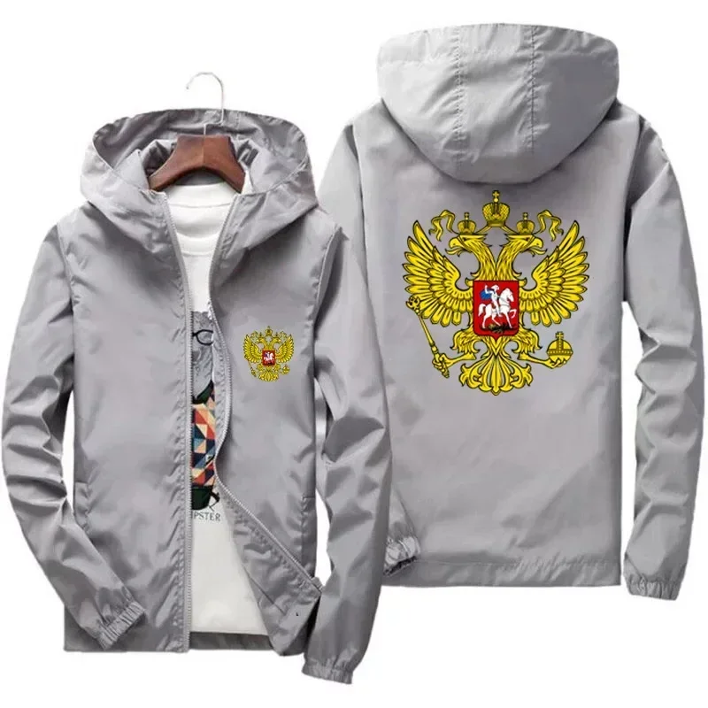 Men Coat Of Arms Of Russia Eagle Motorcycle Parkas Thin Windbreaker Windproof Bomber Zipper Hooded Jacket Plus Size New Overcoat