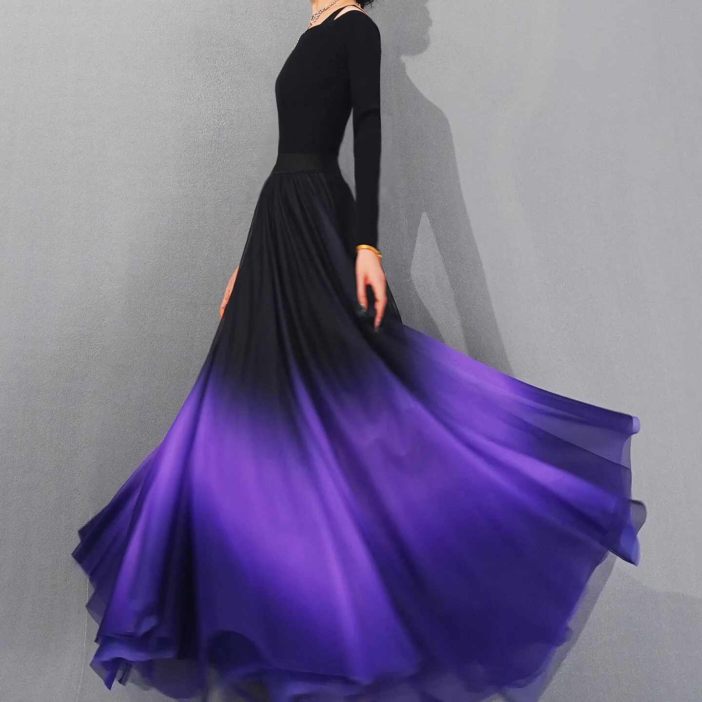 Elegant Large Swaying Long Skirt with Three Gradient Colors for Women High Waist Slimming Xinjiang Dance 720 Degree Rotation