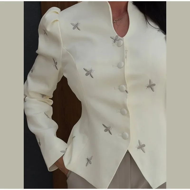 Embroidery Women Top Bee Embroidered Long Sleeve Jacket V Neck Puff Sleeve Top Waist Cinched Cardigan Daily Fashion Wear 2026