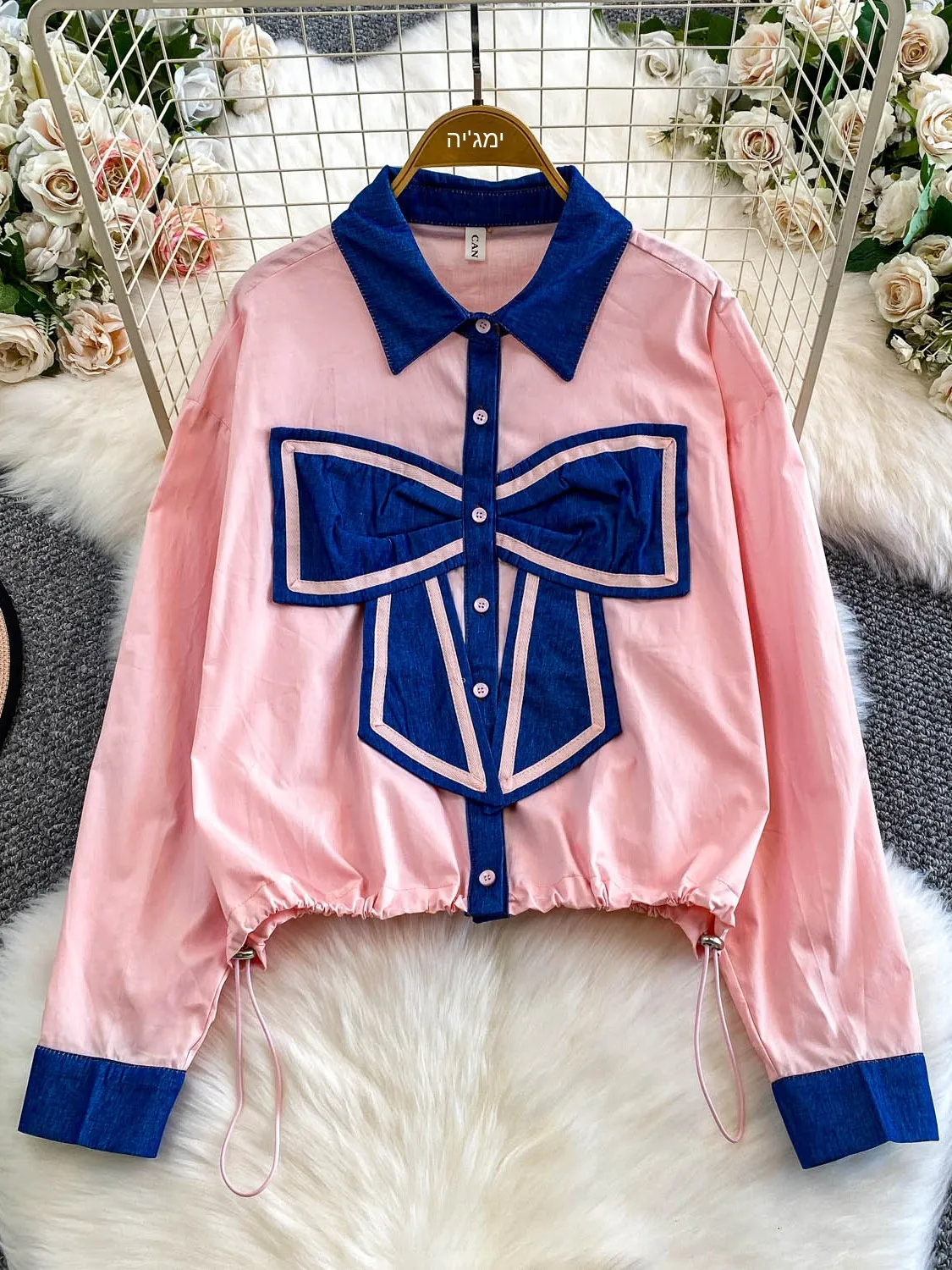 

Женская джинсовая рубашка с декоративными узлами, свободного кроя, с эффектом стройности, на шнуровке, весна-осень, повседневная, с длинным рукавом, с воротником