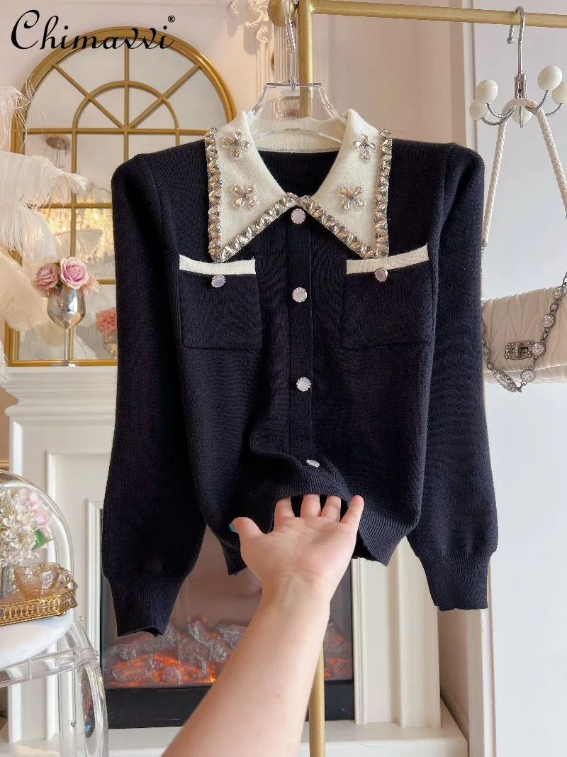 

Fashion Black Knitted Top for Women 2025 Autumn Winter New Heavy Diamond Loose Pullover Turn-down Collar Elegant Sweater