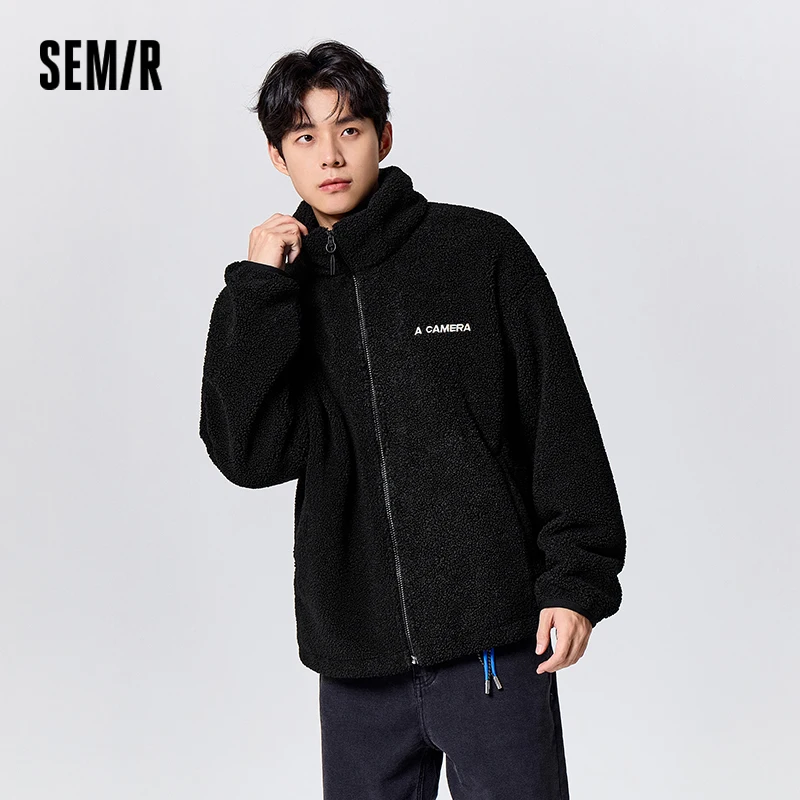 

Semir Jacket Men Winter Polar Fleece Slightly Loose Plush Coat Fashion Contrasting Color Embroidered Stand Collar Top