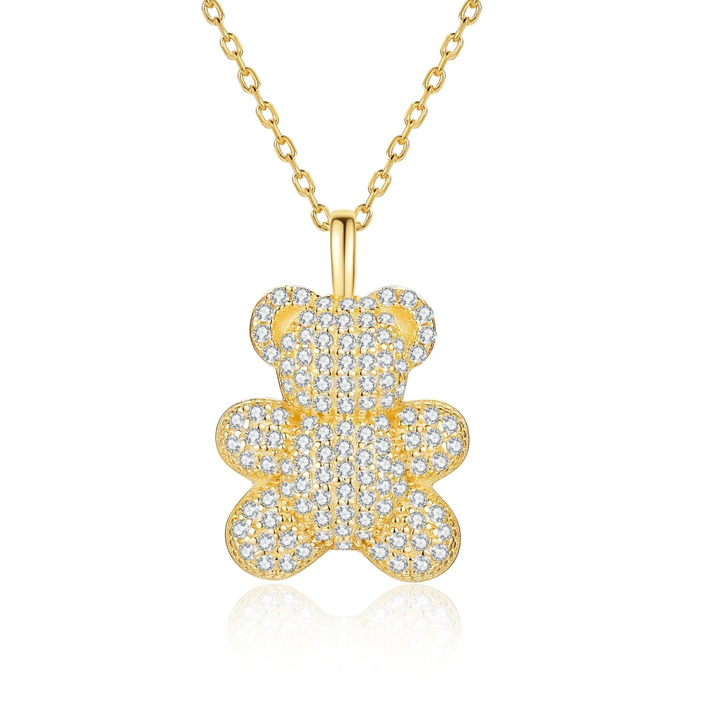 D Color Moissanite Cute Little Bear Pendant S925 Sterling Silver 18K Gold Plating Necklace for Woman Birthday Party Jewelry Gift