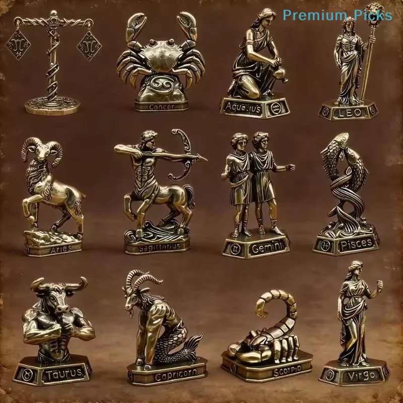 portableVintage Brass 12 Constellation Figurines Rust-Proof Retro Ornament for Living Room Desk Decor Creative Holiday Gift