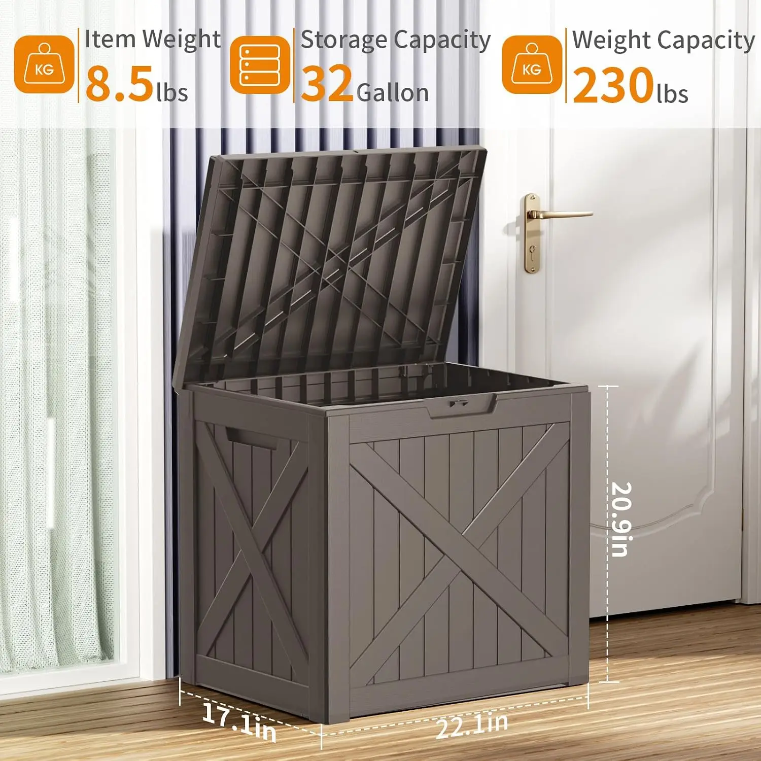 32 Gallon Outdoor Storage Housing Deck Box,Waterproof Patio Furniture, Garden Tools, Cushions, Pool Accessories, Customized