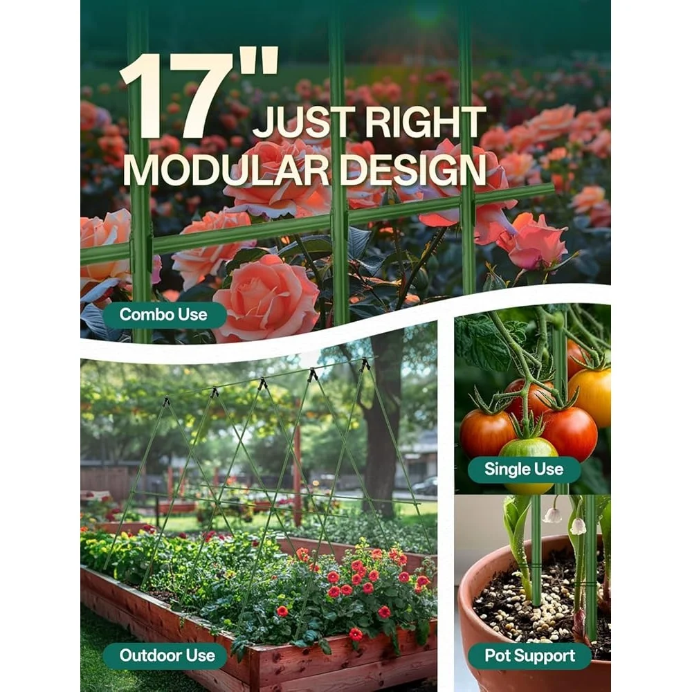 30 Pack 17 Inch Garden Stakes Plant Support with Clips and Connectors Tomato Trellis Modular Design Weather Resistant Grooved