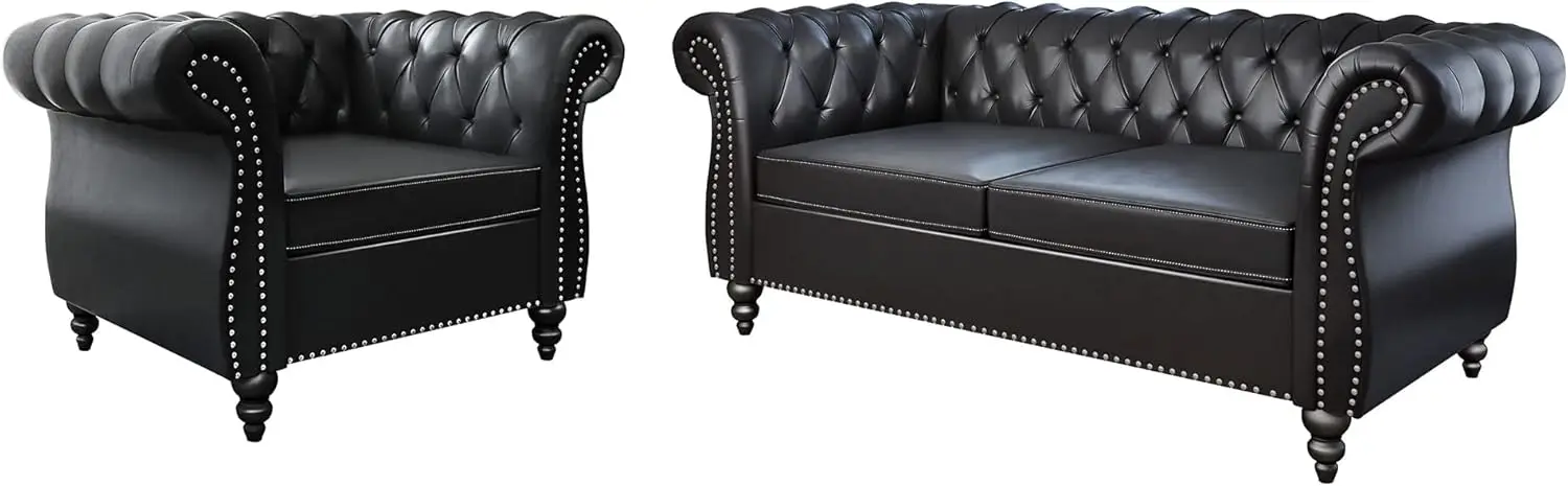 2 Piece Living Room Set, Chesterfield Leather Sofa Couch Chair with Scroll Arms and Nailhead for Living Room, Office (Black)