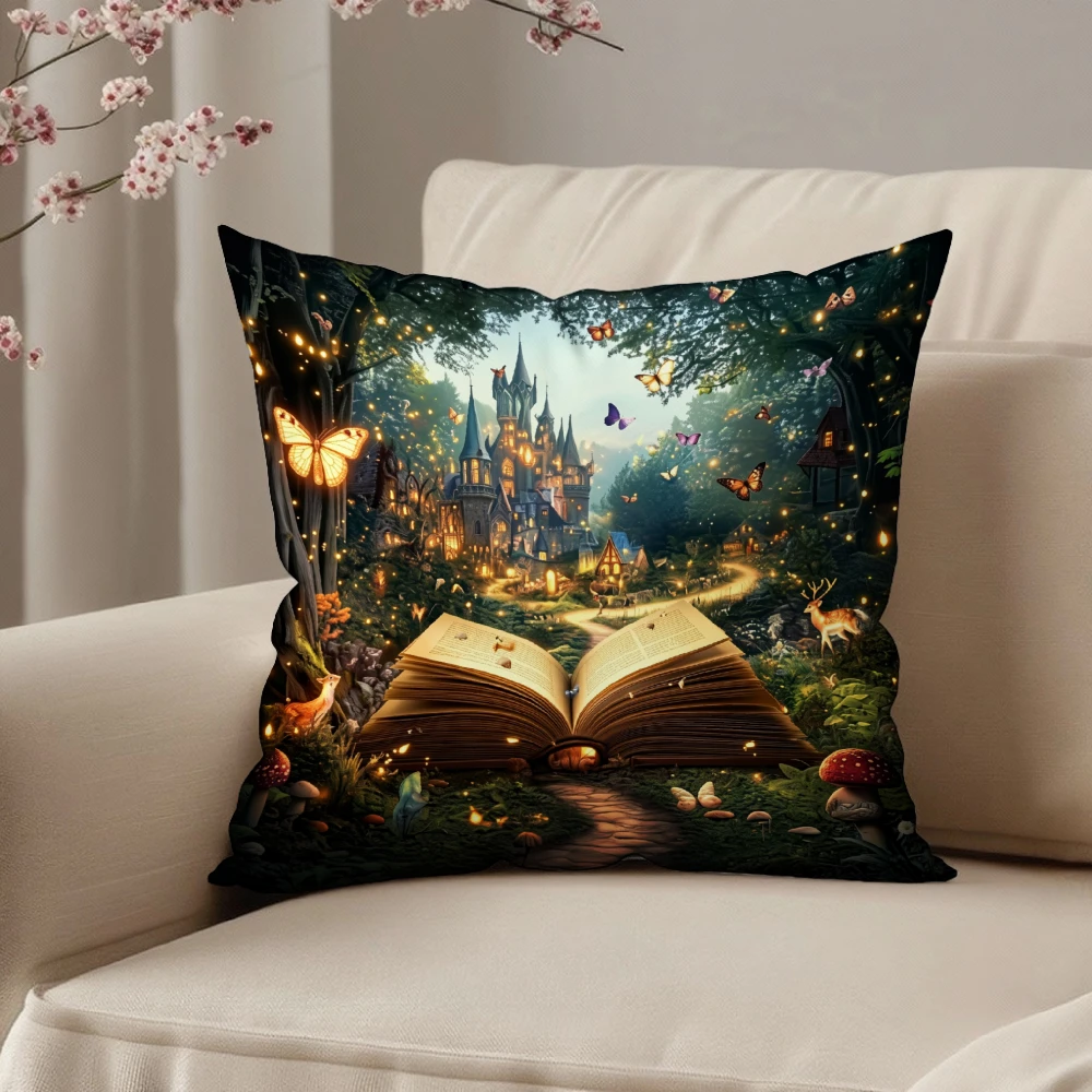 Square Pillow Case Multicolor Magical Castle Open Book Butterfly Forest Print For Living Room Bedroom Sofa Chair Home Decor