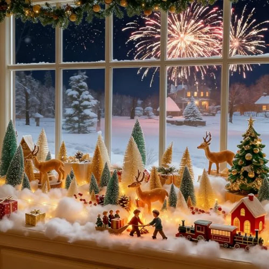 

59 Pcs Christmas Village Set Snow Scene with LED Lights 17.6 oz Fake Snow Artificial Mini Christmas Bottle Brush Trees and Resi