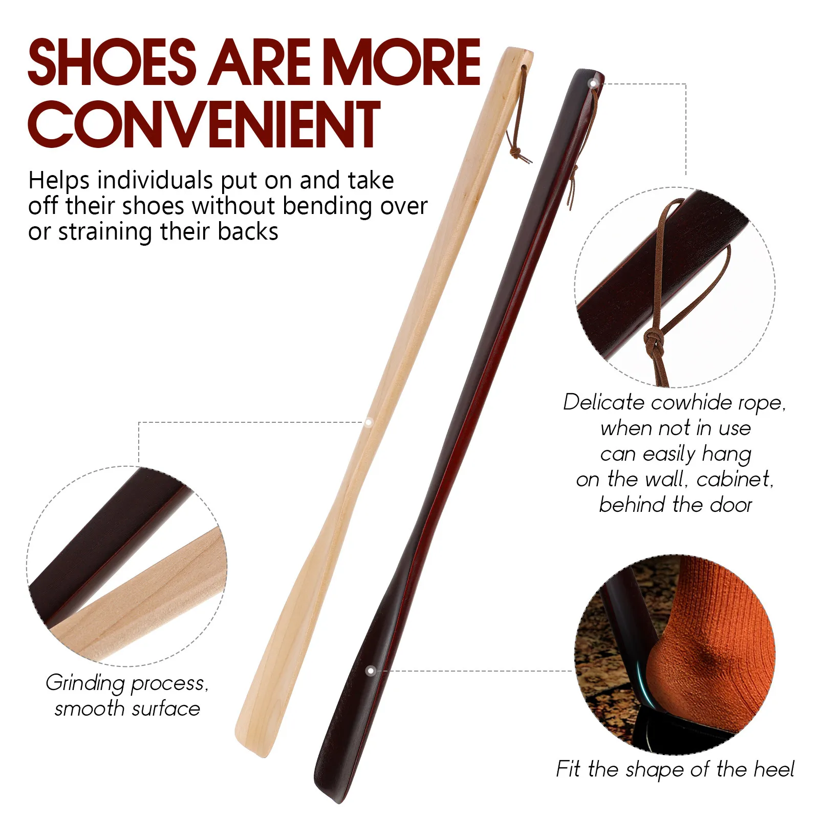 2Pcs Wooden Shoehorn Convenient Shoe Lifter Tools Long Handle Shoe Horn for Easy Wearing Wooden Shoes Lifter Shoehorn Tool