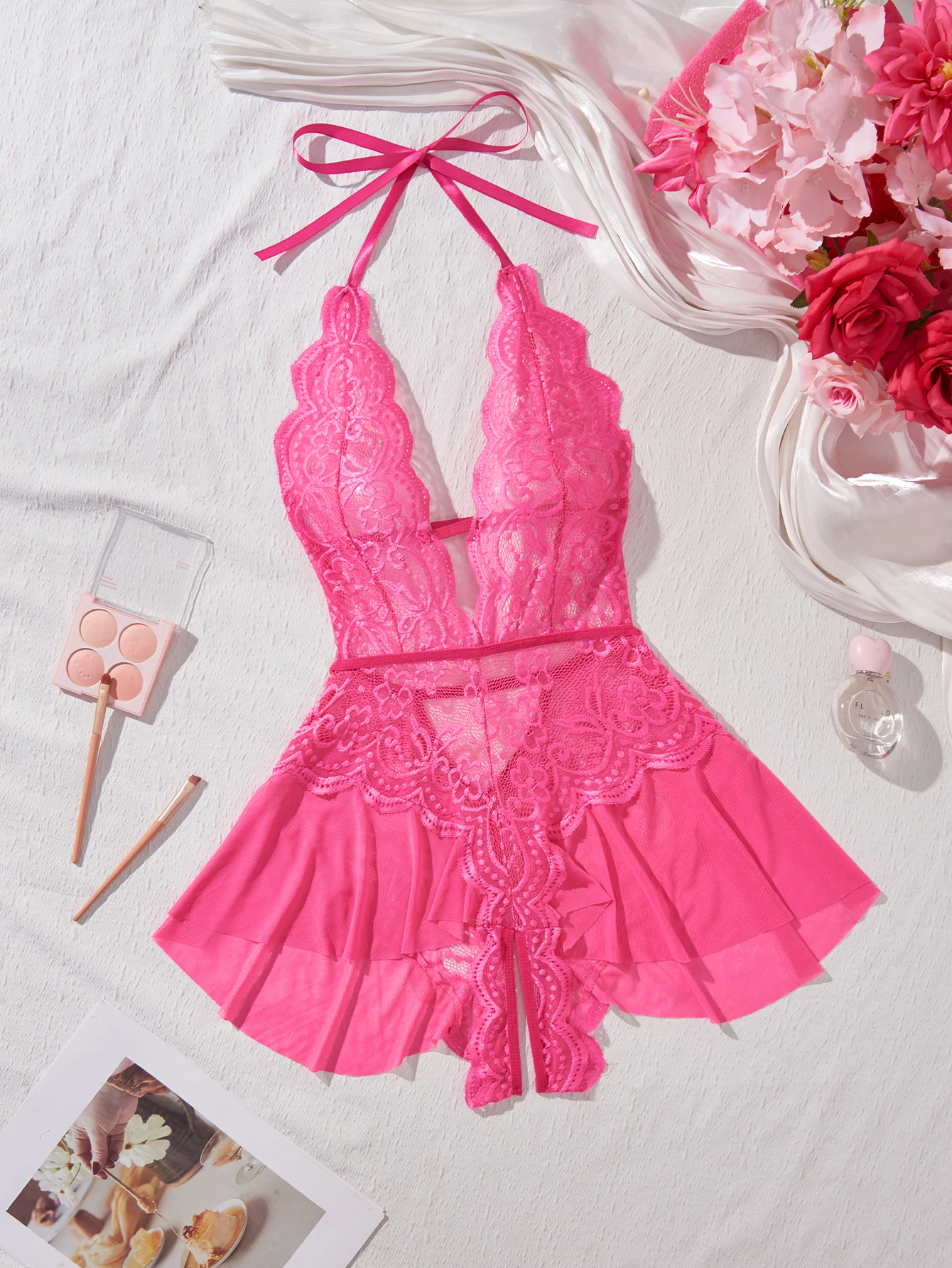 جديد حار قطعة واحدة الرسن الملابس الداخلية النساء أكمام فستان من الدانتيل المرقعة شفافة ملابس خاصة بيبي دول مثير مجموعة الملابس الداخلية #5