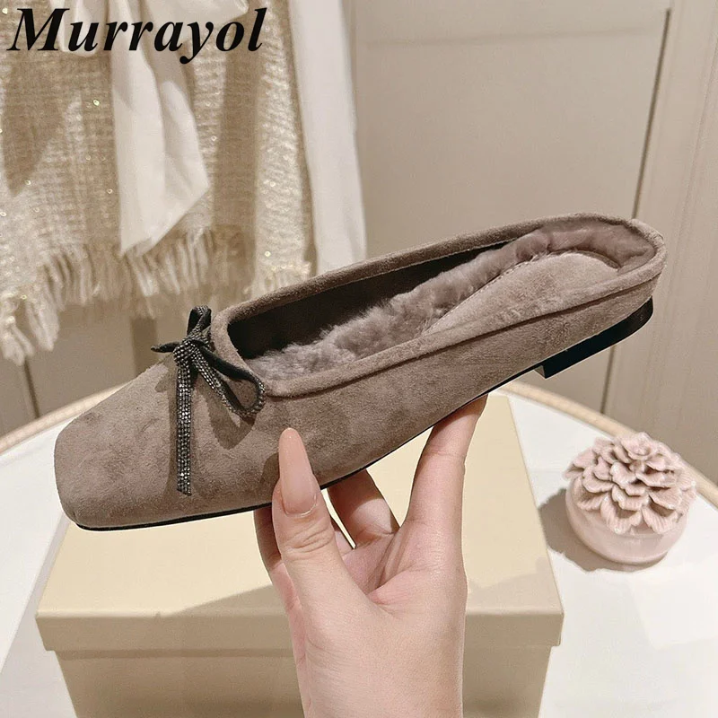 Lazy Mules Women Real Leather Closed Toe Bow-Knot Decor Flat Half Slippers Ladies Autumn Winter Outdoor Vacation Walking Shoes view 6