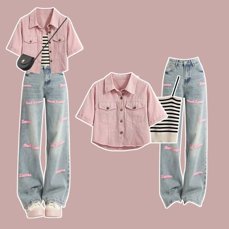 Women Summer Safari Style Short Jacket Korean Lady Fashion Pink Shirt Coat Vest Denim Pants Sets Embroidery Letter Jeans Outfits