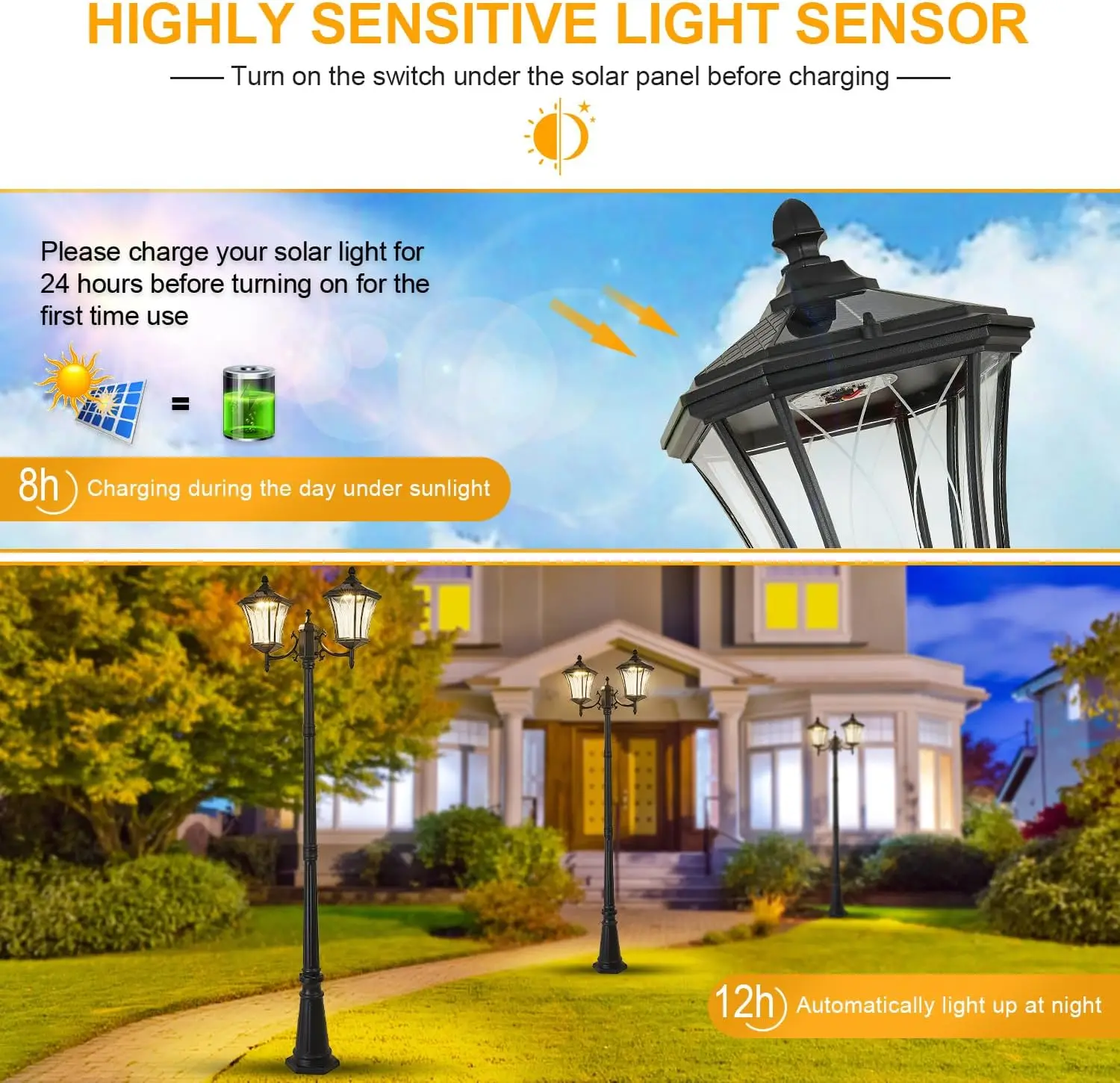 Lampu surya lampu pos dengan Sensor senja ke fajar, lampu jalan tenaga surya Led 2 kepala tahan air,