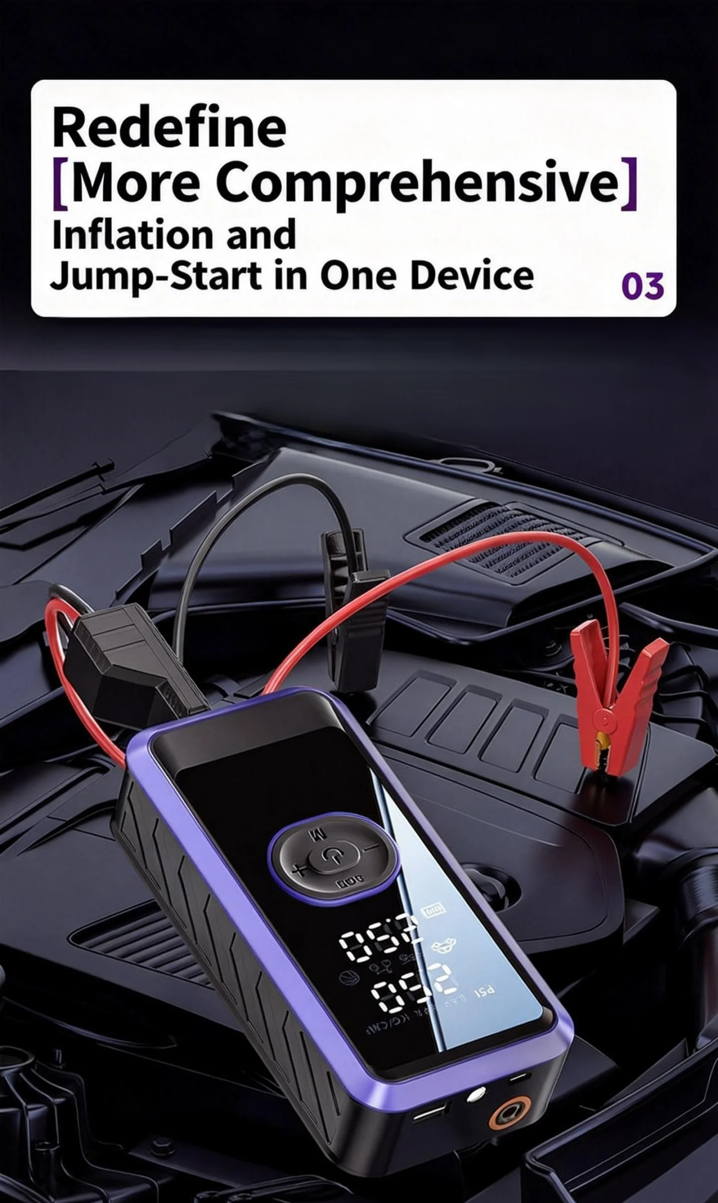 3-in-1 Car Air Compressor & Jump Starter with Digital Display, High Power Portable Power Bank & Emergency Battery Booster