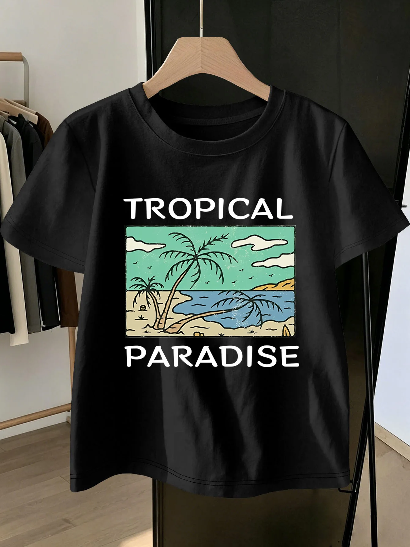 Cute Tropical Paradise Beach Print Graphic Kids Tee Boys Girls Family Matching Cotton Crew Neck Short Sleeve Soft Summer Tee