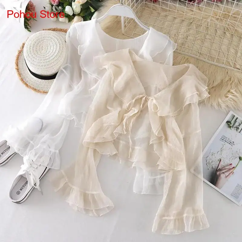 Summer Flared Sleeves with Ruffled Edges Short Sun Protection Shirt with A Small Shawl