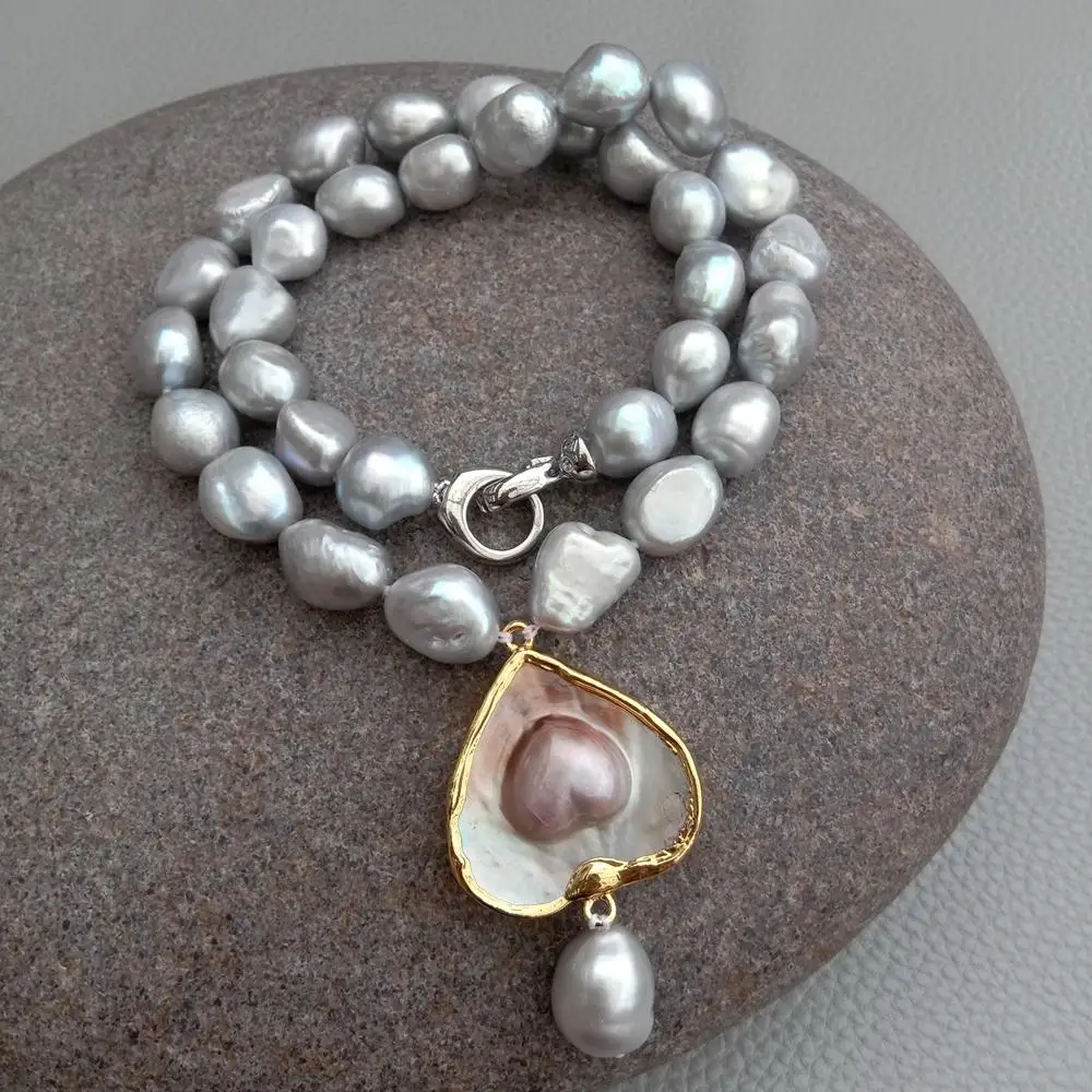 

Y·YING Freshwater Gray Baroque Pearl Necklace Real Mabe Heart Shape Pendant Jewelry Gift