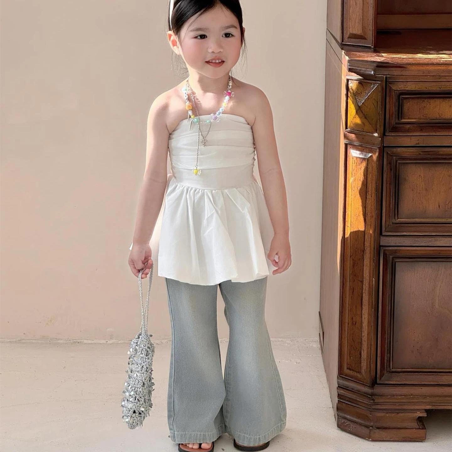 Girls Suit 2026 Spring and Summer New Childrens Wear Korean Style Girl Baby Shoulder with Chest Vest Jean Flared Pants Two Sets