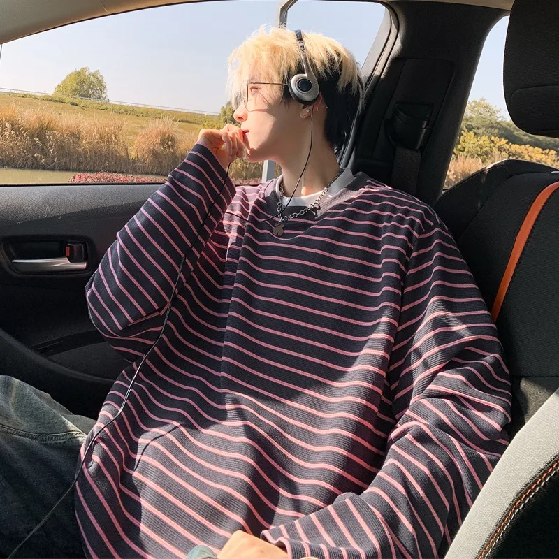 Spring New Vintage Color-blocked Striped Long-sleeved T-shirt Korean Fashion Street Oversized Casual Loose T-shirt Sweatshirt